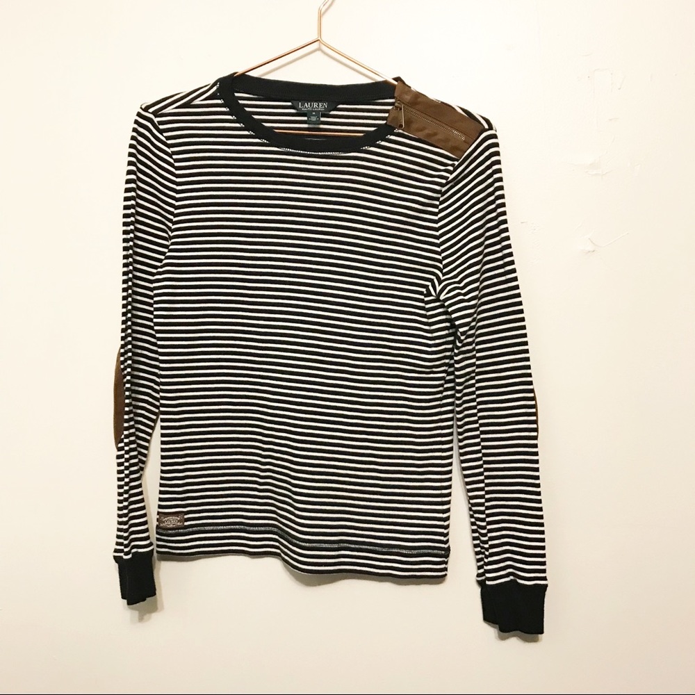 Lauren Ralph Lauren striped top with suede elbow patches and zipper shou…